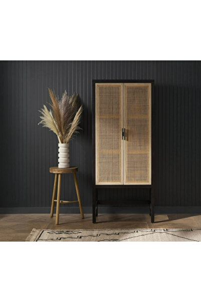 ŞafakMobilya Noir Masif Ahşap Rattan Detaylı Büfe Dolap