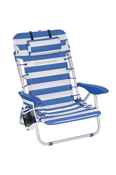 SONGMICS Scaun de plajă portabil cu spătar reglabil în 4 poziții, cotiere, sa...