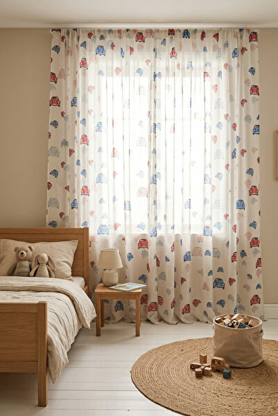 Cortibo Rover Araba Desenli Çocuk Odası Tül Perde - Pilesiz