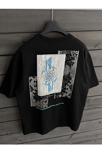 BYBASICMAN Tricou oversize negru cu motiv pe spate și petice SW-5075