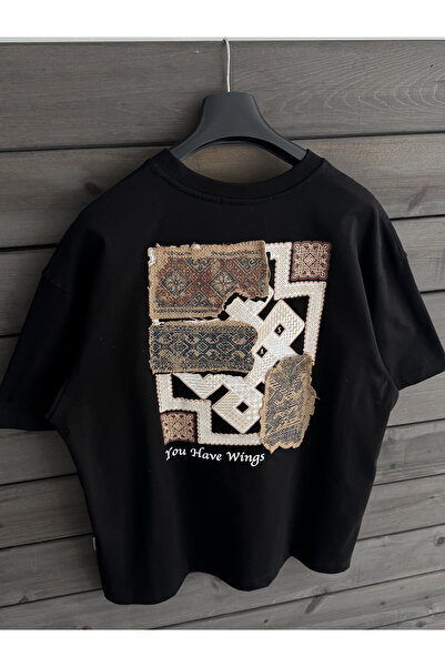 BYBASICMAN Tricou oversize negru cu detalii din paie pe spate SW-5126