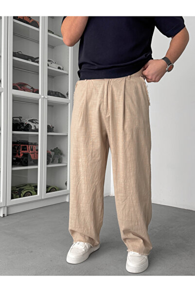 BYBASICMAN Pantaloni largi cu textură de in, bej, cu tăietură la picior SW-1566