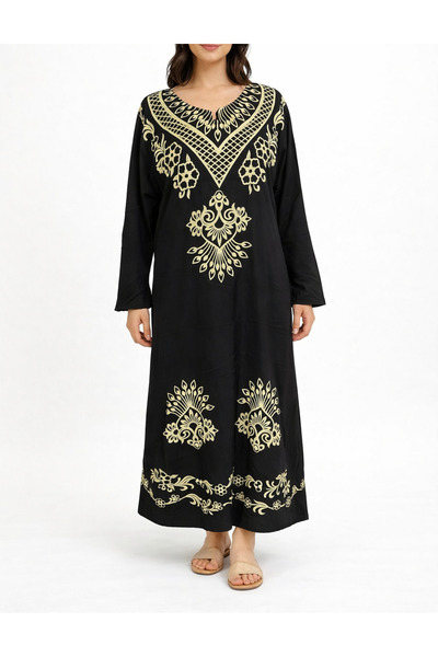 Yena Tekstil Black Printed Long Dress Ethnic Patterned Stylish Casual Dress