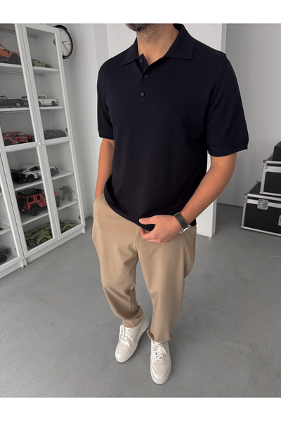 BYBASICMAN Navy Blue Buttoned Knitwear Polo Neck T-Shirt Tw-3349