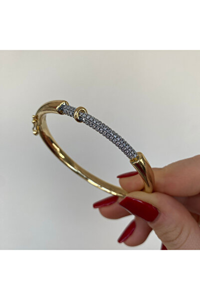Parıltı Zirkon Taşlı Gold Renk Halka Detaylı Kararmaz Kilitli Kelepçe