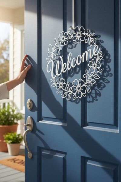 Mescolare Welcome Yazılı Çiçekli Kapı Süsü - 20 cm Beyaz Dekoratif Duvar Pano...