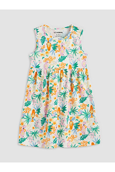 LC Waikiki Πράσινο χτενισμένο βαμβακερό φόρεμα για κορίτσια με τύπωμα