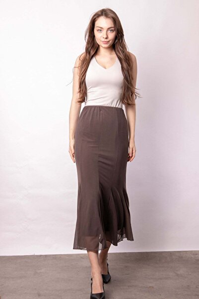 Jument Women's Lined Lace-Tulle High Waist Slim Fit Long Below Knee Fish Cut ...