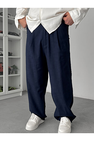 BYBASICMAN Navy Blue Cut-Cut Hem Linen Textured Baggy Trousers Sw-1566