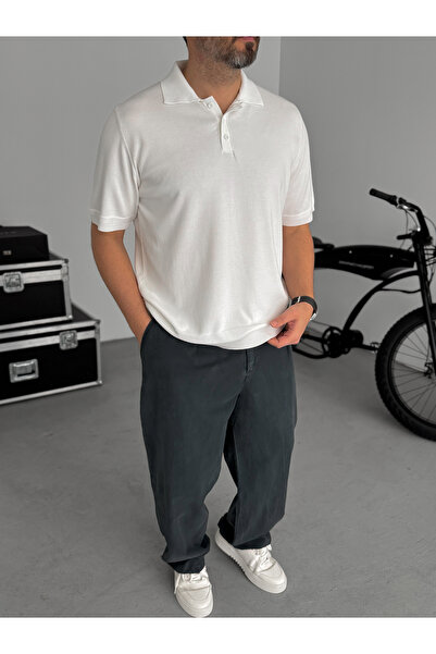 BYBASICMAN Tricou alb cu nasturi, tricotat, cu guler polo TW-3349