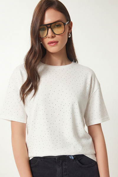 Lovelyİstanbul Taş Detaylı Örme T-shirt LZV0059 EKRU