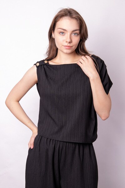 Jument Bluză de damă cu decolteu barcă, asimetrică, plisată și cu șnur - Negru