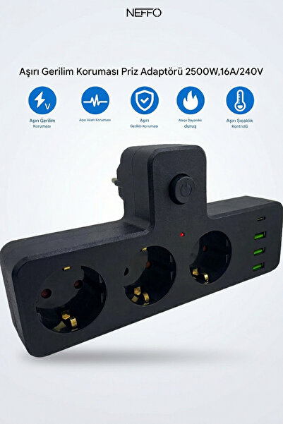 NEFFO Akım Termal Çocuk Korumalı 3x Usb 1x Type-C Girişli 3lü Priz