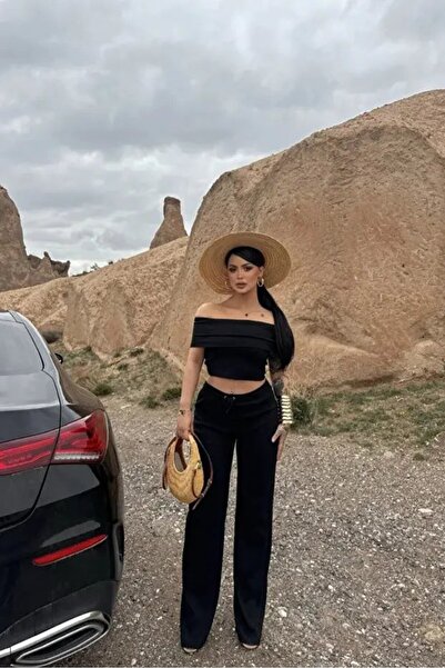 Cool & Sexy بلوزة نسائية ذات ياقة مادونا سوداء وبنطلون واسع الساق وبدلة علوية