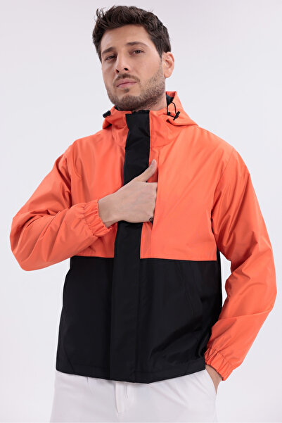freemen Men's Orange Black Hooded Zippered Waterproof Raincoat - Windbreaker