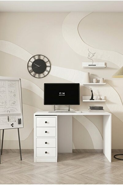 FOR WOMAN DESİGN Ahşap 4 Çekmeceli Çalışma Masası Modern Ofis Masası Minimal ...
