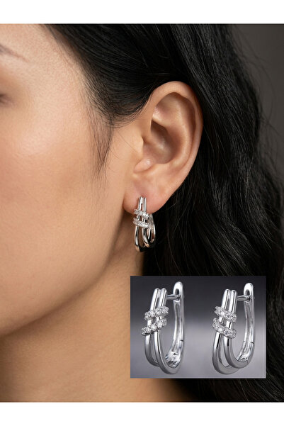 Elmosia Jewelry أقراط دائرية فضية عصرية لامعة بتفاصيل حجرية متعددة الأشكال بت...