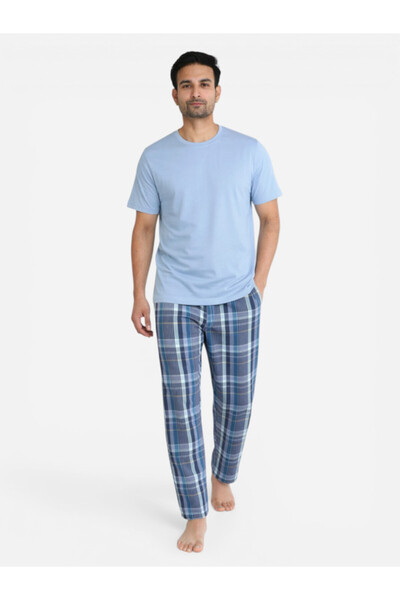 Victor and Jane Neutral/Blue Check Short Sleeve Jersey Pyjamas Set (100% Cotton)