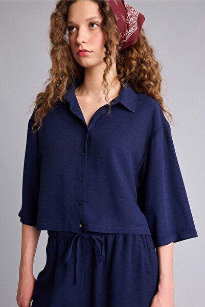 DeFacto Πουκάμισο μεγάλου μεγέθους με γιακά από λινό, κοντομάνικο πουκάμισο H...