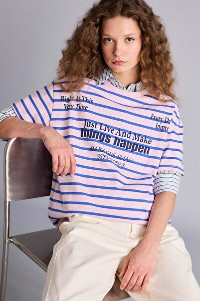 DeFacto Tricou supradimensionat cu mânecă scurtă și imprimeu cu gât crew G900...