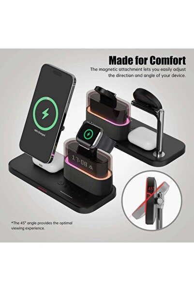 Aztech 4-in-1 Wireless Charging Station Dock with RGB Touch Light, Alarm Clock & Multi-Device Support