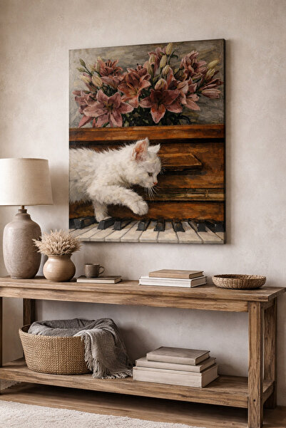 EvimeTablo Beyaz Kedi ve Piyano Kanvas Tablo-Dekoratif Duvar Tablosu Salon, O...