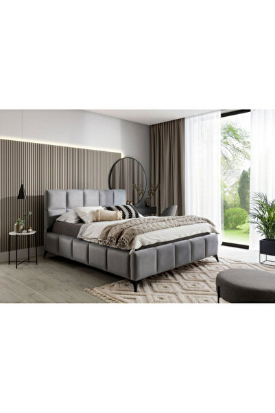 RUBIK Pat tapițat cu țesătură gri, 180x200 cm, cu somieră cu șipci inclusă