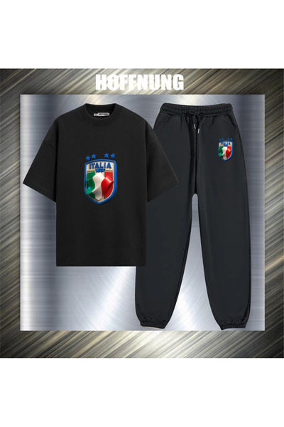 HOFFNUNG Unisex Casual Short Sleeve Set with Italian Logo Print Outdoor Sprin...