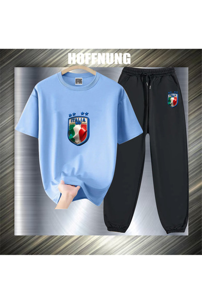 HOFFNUNG Unisex Casual Short Sleeve Set with Italian Logo Print Outdoor Sprin...