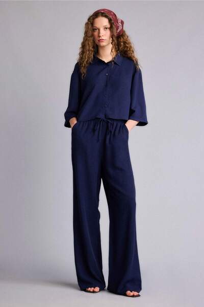 DeFacto Wide Leg Pocketed High Waist Standard Length Linen Blend Trousers F50...