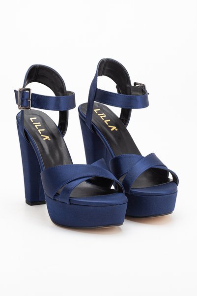 LİLLA Women's Platform High Heeled Navy Blue Satin Shoes