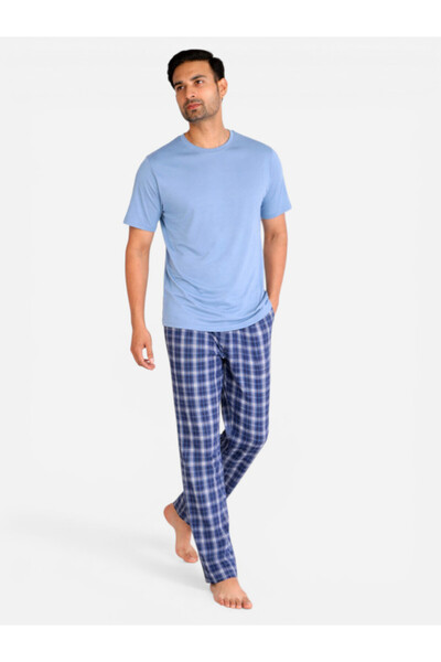 Victor and Jane Powder Blue Checkered Short Sleeve Jersey Pyjamas Set (100% C...