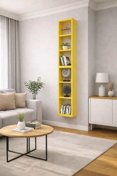 Dekormer Design Duvar Rafı Kitaplık Dikey Hediye Rafı Mobilya Takım Sarı