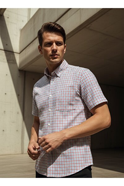 SÜVARİ Червена риза със свободна кройка, с джобове, на десен и с къс ръкав