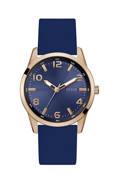 Guess Mens Blue Rose Gold Tone Analog Watch