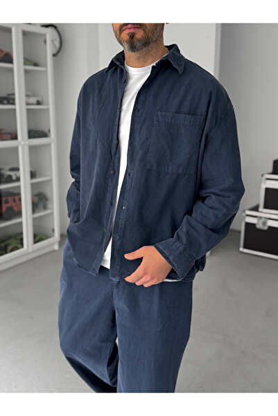 BYBASICMAN Navy Blue Washed Oversize Shirt with Pockets Tw-1039