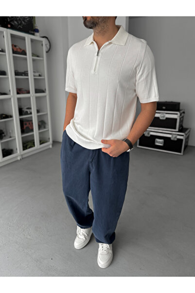 BYBASICMAN Tricou alb din tricotaj cu jumătate de fermoar TW-3352