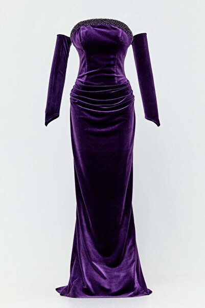 Setrms Drapeli Kadife Straplez Abiye Elbise