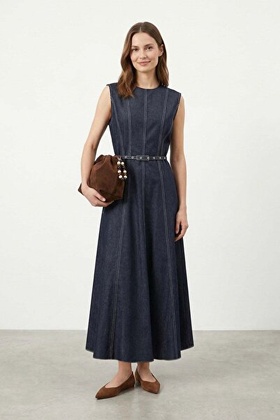 Loreen Women's Midi Denim Dress with Sewing Detail and Belt – 20771Elb - Navy