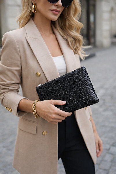 Stella Eşarp Μαύρη Γυαλιστερή Τσάντα Πορτφόλιο & Clutch με Πούλιες 15 x 25 εκ.