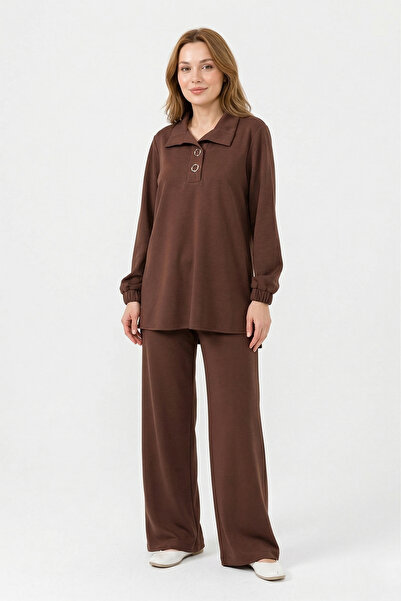 Lale Butik Collar Detail Knitted Modal Suit 19464 Brown