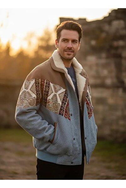 CANMODA (7906) Recien Unisex Fur Collar Vintage Aztec Jacket Oversize 90S Coa...