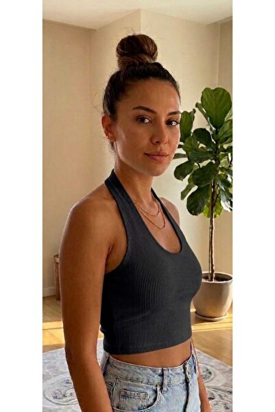 ZUM Μαύρο κροπ μπουστάκι με κορδόνια για το λαιμό, γυναικείο, από λύκρα, καθη...