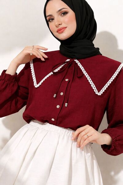 onlymoon Women's Burgundy Hijab Shirt with Large Collar and Pearl Detail |   ...