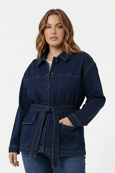RMG Women's Plus Size Denim Jacket with Waist Tie Detail, Navy Blue