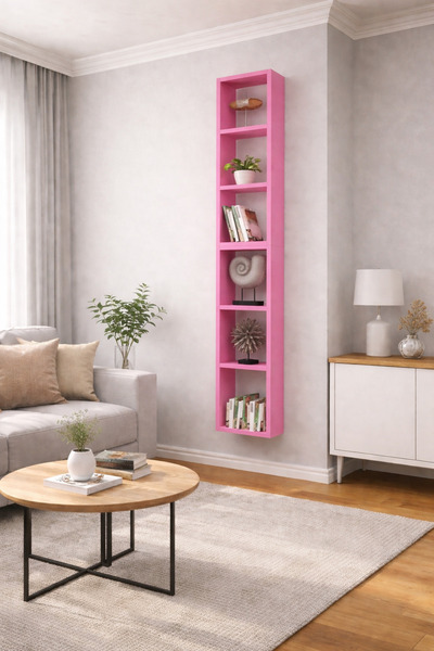 Dekormer Design Duvar Rafı Kitaplık Dikey Hediye Rafı Mobilya Takım Pembe