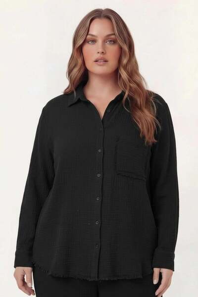 RMG قميص من قماش الموسلين مقاس كبير باللون الأسود