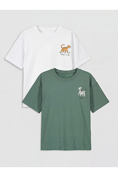 LC Waikiki Lcw Kids Green Crew Neck Printed Boys' T-Shirt 2-Pack