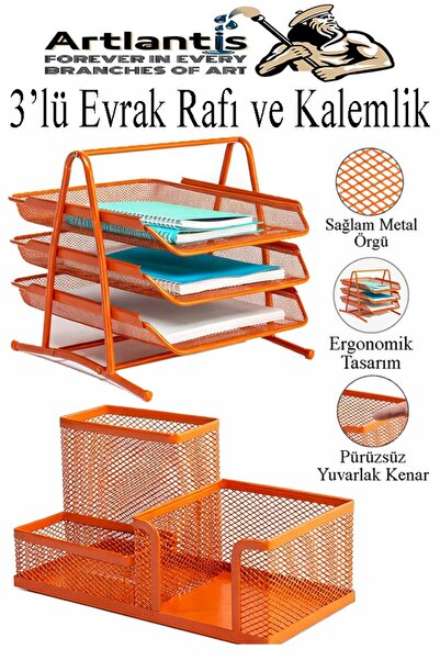 Artlantis Turuncu Metal Evrak Rafı 3 lü ve Masaüstü Kalemlik 1 Paket Masaüstü...