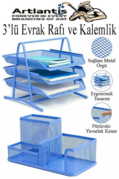 Artlantis Mavi Metal Evrak Rafı 3 lü ve Masaüstü Kalemlik 1 Paket Masaüstü A4...